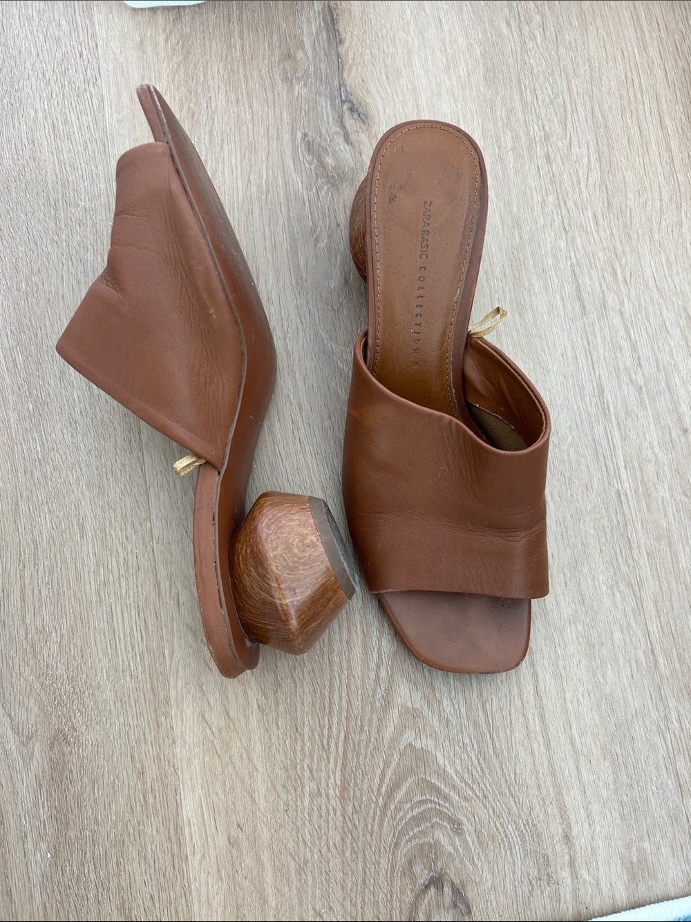 Zara Tan Leather Sculpted Wooden Heel Mules